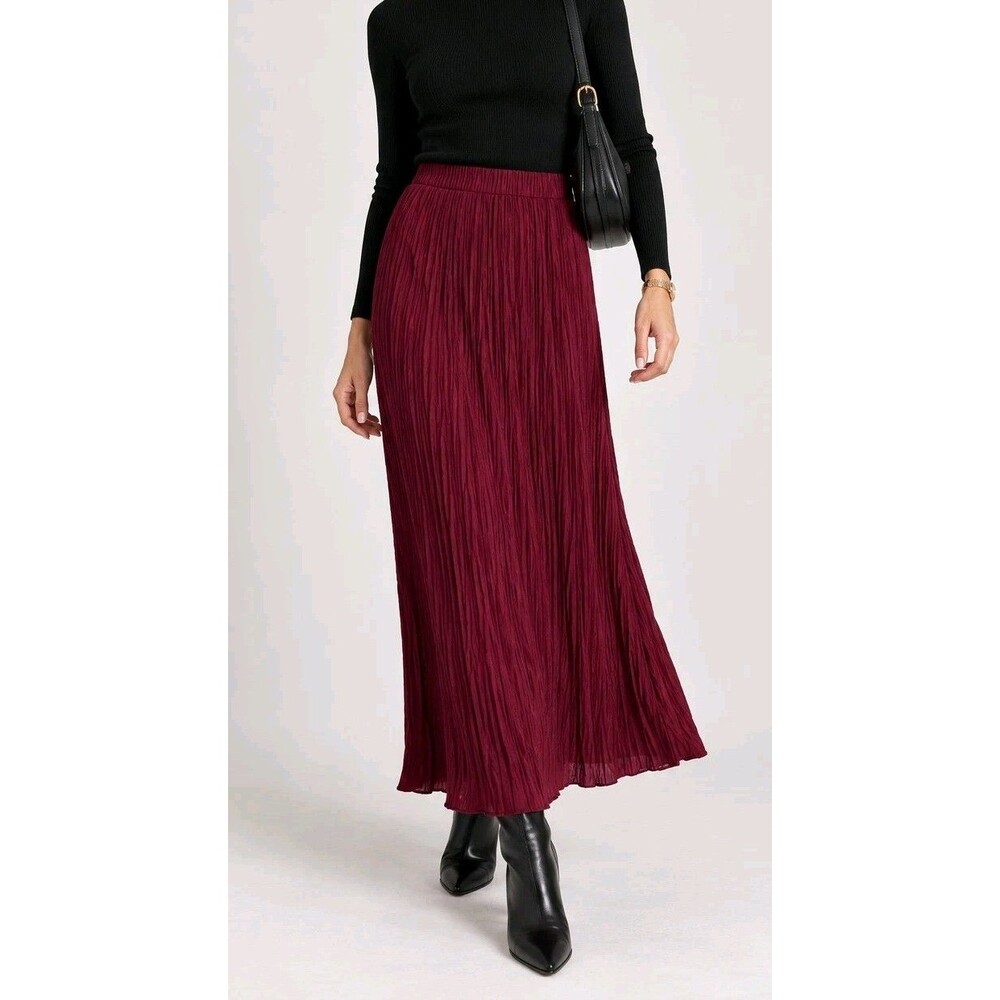 Complex Burgundy Crinkle Pleated Midi Maxi Skirt Size S Elastic Waist Korea